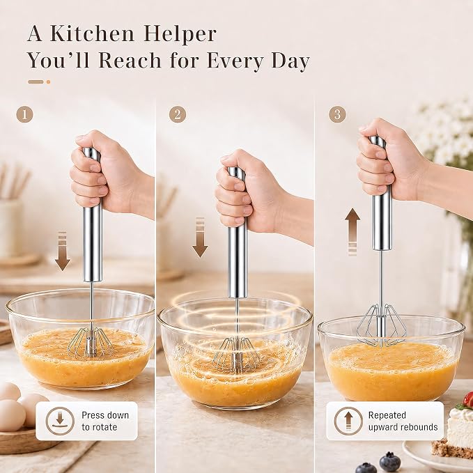 Stainless Steel Semi-automatic Egg Whisk, 2 Pack 7.9in & 11.8in Hand Push Mini Whisk, Effortless Egg Scrambler for Baking Cooking Whisking Beating & Stirring