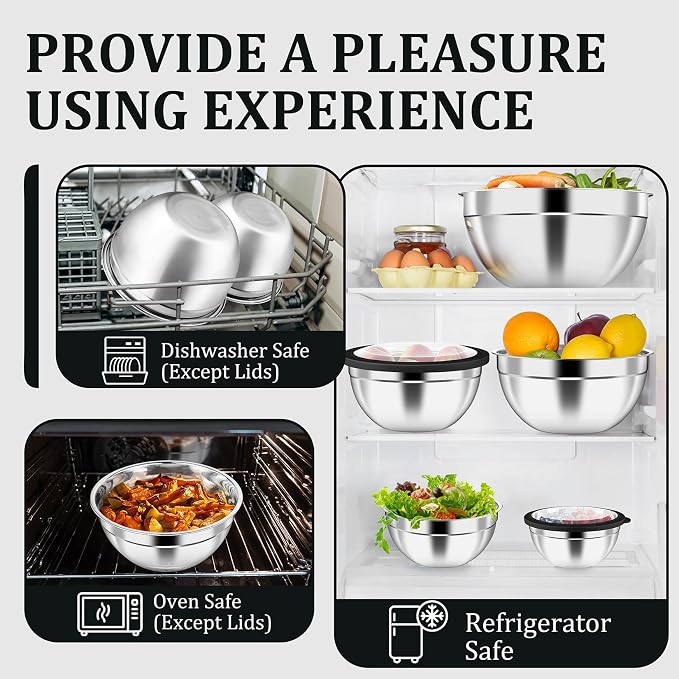 P&P CHEF Mixing Bowls with Visible Airtight Lids Set of 5, 10-Piece Stainless Steel Mixing Nesting Bowl, Metal Bowl with Lid for Kitchen Prepping & Storing, Size 4.6, 3, 1.5, 1, 0.7 QT, Black