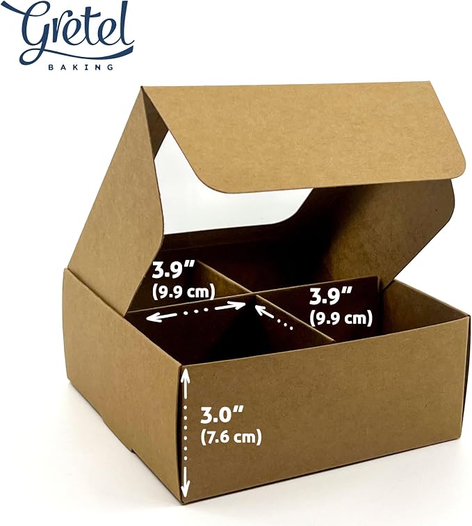 20pcs Kraft Treat Boxes with Window and Dividers | 4 LARGE compartments | 8 x 8 x 3 in | Valentine treat boxes, baked goods packaging, box for cookies, pastry packaging