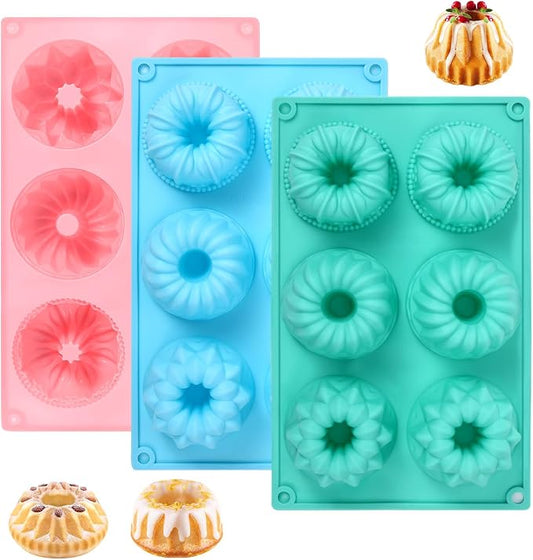 3 PCS Mini Bundt Cake Pans for Baking, 6-Cavity Fluted Tubular Mini Cake Pans, Silicone Molds for Baking, Ideal for Brownies, Cookies, Cupcakes, Jellies, Muffins, Donuts(Three Shapes)