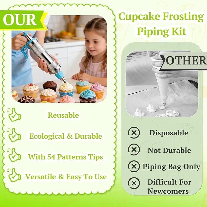 Suuker Dessert Decorating Syringe Set | Frosting Piping Kit, Stainless Steel, 54 Piping Tips, 9 Silicone Baking Cups