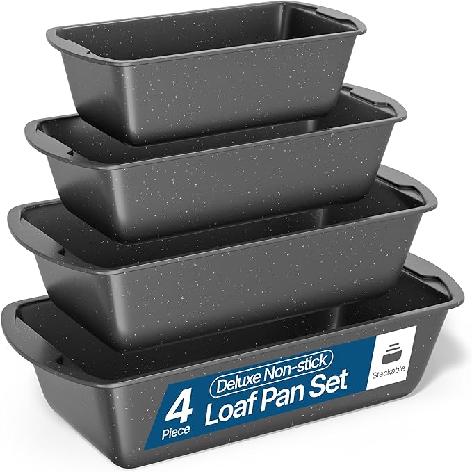 Nonstick Loaf Pan Set Pack of 4, 7" to 11" Large Baking Bread Pan, Oven Safe Up to 450°F, PFOA, PFOS, PTFE Free, Space Saving Stackable Design, Stain Resistant, Dishwasher Friendly, Gray Marble