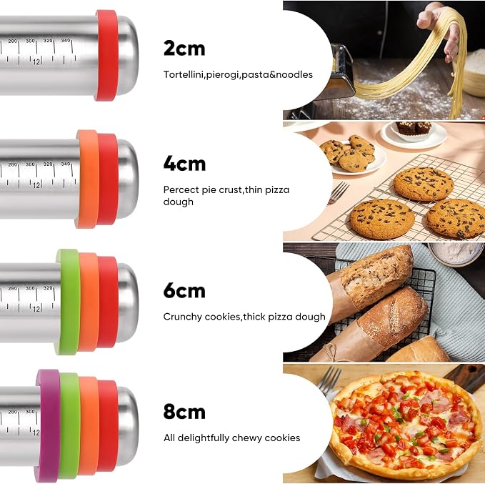 AMUZHI Stainless Steel Rolling Pin with Adjustable Thickness Rings | 4 Interchangeable Sizing Bands for Dumplings/Pasta/Cookies - Nonstick Kitchen Baking Tool