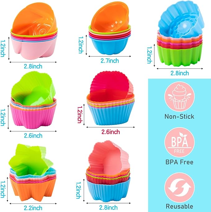 R HORSE Multi Flower-Shaped Silicone Cupcake Molds, 42PCS | 2.6-2.8 Inch, Non-Stick, Reusable, Heat resistant, Food-grade, Washable, Silicone, Pan Oven Microwave Dishwasher Safe