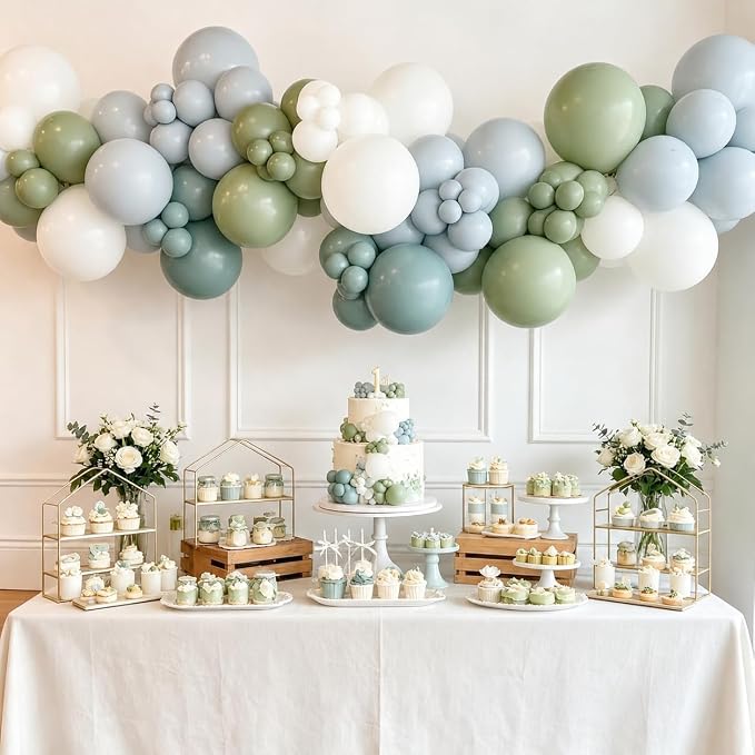 Dusty Blue Sage Green Balloon Arch Kit, Slate Fog Blue Dusty Olive Green White Balloons Different Size for Boho Baby Shower Bridal Shower Wedding Anniversary Neutral Birthday Woodland Party Decoration