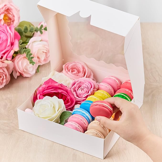 Kucoele Pie Boxes, 9 x 9 x 2.5 Inches, 20 PCS, White | Auto-Popup, with Window, Bakery Boxes, Cookie Boxes, Treat Boxes, For Chocolate Strawberries, Pastries, Muffins, Donuts