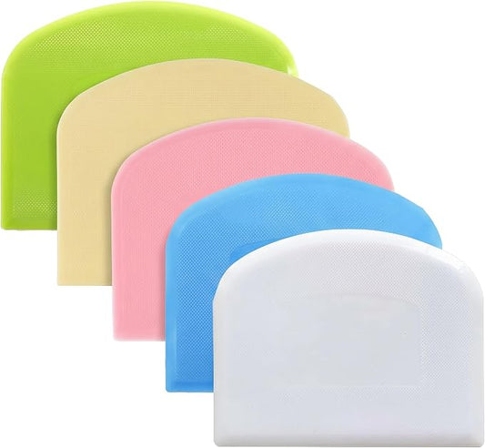 5 Pack Dough Scraper for Baking, BPA-Free PE Flexible Bowl Scraper, Food Grade Plastic Dough Cutter for Bread, Cake Dough, Fondant, Icing and Pastry, White Green Mustard Yellow Blue Pink
