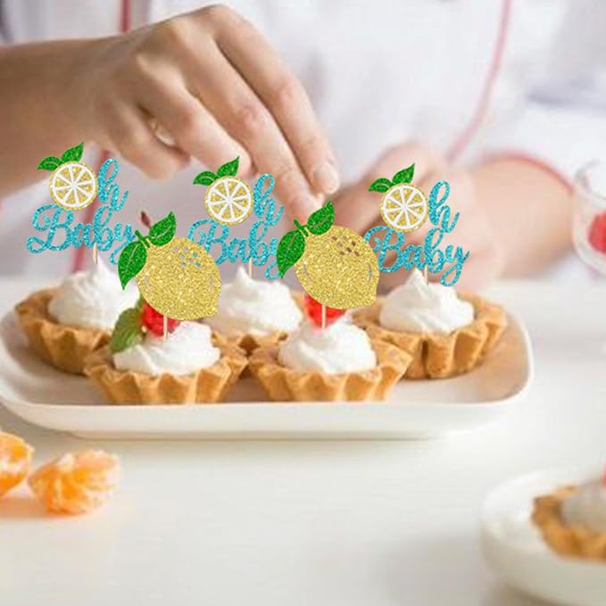 Rsstarxi 24 Pack Lemon Oh Baby Cupcake Toppers Fruit Theme Oh Baby Lemonade Cupcake Picks Decorations for Lemon Theme Baby Shower Kids Birthday Party Cake Decorations Blue