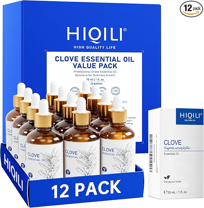 HIQILI Clove Essential Oil Set – 1 fl oz (12 Pack), with Stable Quality, Bulk Pack for Business, Ideal for Oral Care & Aromatherapy, Hotel, DIY Studio, Holiday Gifts & Home Use