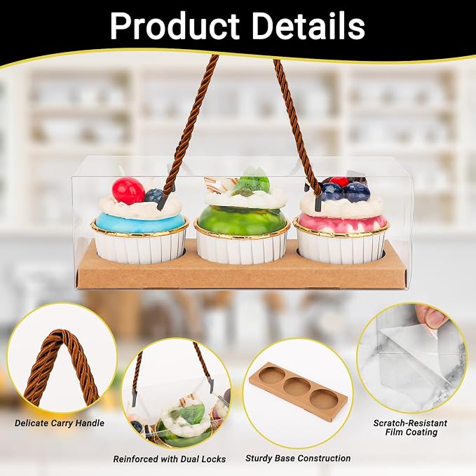 EUSOAR Cupcake Containers, 10 Pcs 9"x3"x3" Brown Clear Muffins Boxes 3 Compartments Bakery Take out Holder, Portable Dessert Pastry Cookies Wrappers for Graduation Gifts Birthday Wedding Favor