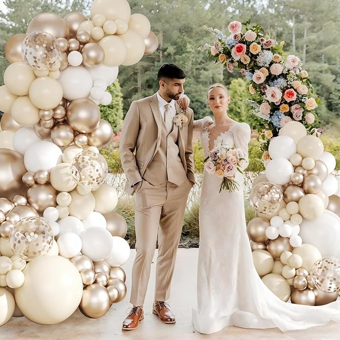 White Sand Champagne Gold Balloon Arch Kit, 143Pcs Metallic Champagne Gold Neutral Balloons Garland Arch Kit Confetti Balloons for First Communion Anniversary Engagement Wedding Birthday Decorations