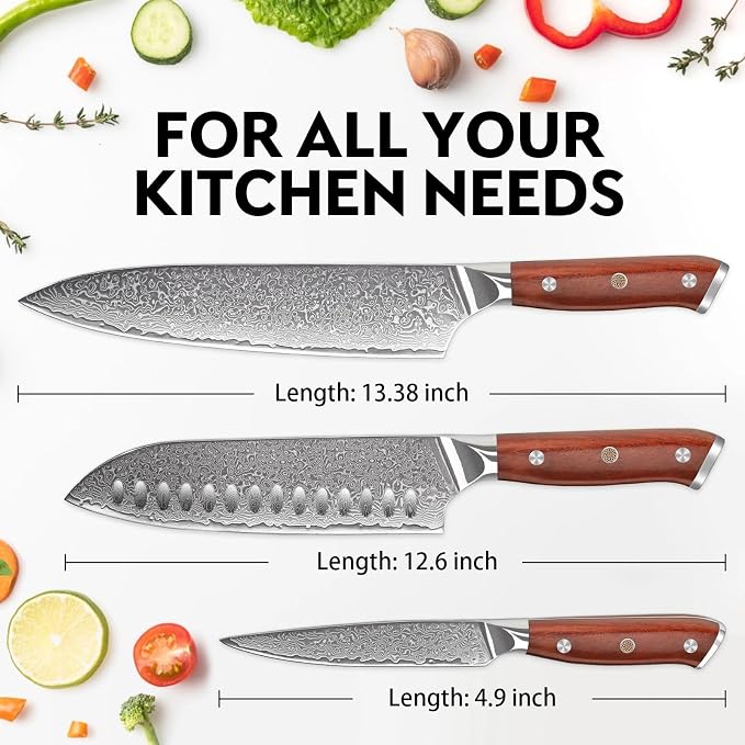 Purple Dragon Damascus Knife Set - 3 PCS Kitchen Knife Set - VG10 Steel Japanese Chef Knives 8 Inch Santoku 7 Inch Paring Knives 5 Inch- Gifts for Men and Women