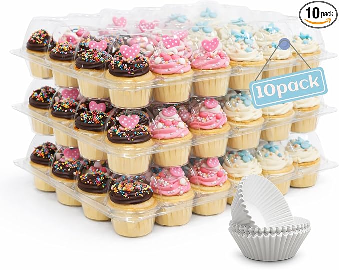 WIKDAY (24 Count x 10 Sets Plastic Cupcake Containers with Liners, Clear Cupcake Holder with Lids, Disposable Cupcake Carrier for Bakery, Cupcake Storage Box for Parties, Bake Sale Packaging