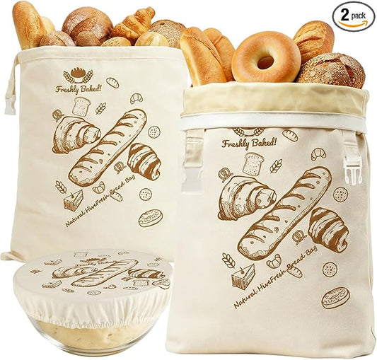 Beeswax Bread Bags 2 Pack Reusable Sourdough for Homemade, Large Washable Cotton Linen Food Storage with Removable Wax Liner, Plastic Free 17x13 Inch