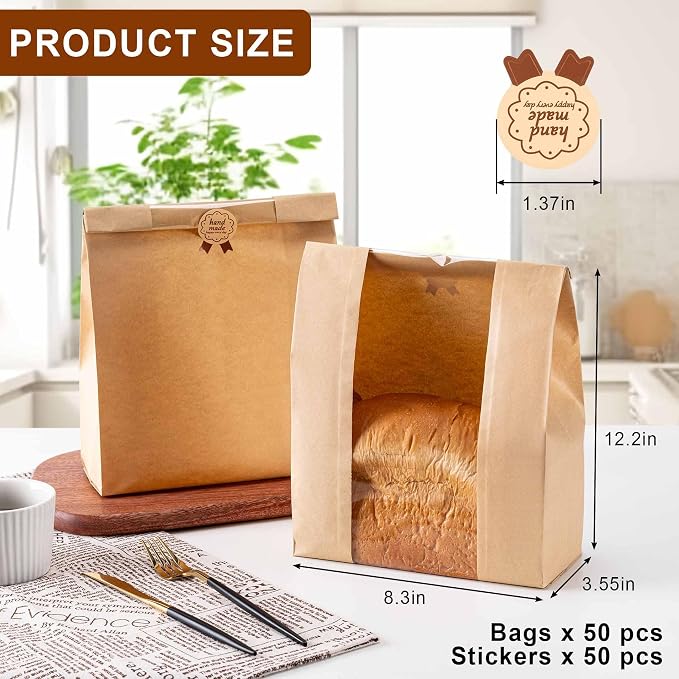50Pcs Sourdough Paper Bread Bags for Homemade Bread with Window, Includes 50PCS Label Seal Stickers for Food Storage(50% Thicker 13.7x8.3x3.5 in - Large)