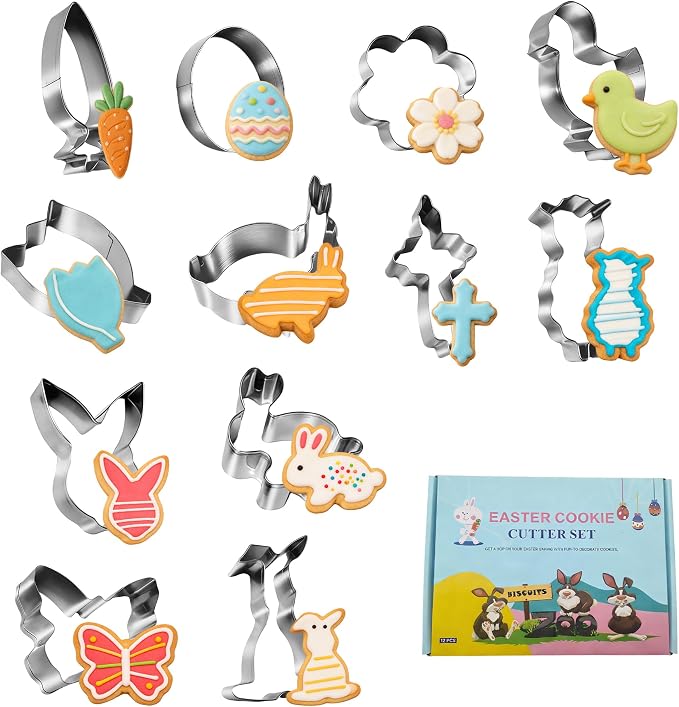 Easter Cookie Cutter Set - 12Pcs Mini Cookie Cutters Variety Pack with Dough Scraper, Stainless Steel Cookie Mold for Biscuits, Fondant, Sandwiches and Pancakes, Style B