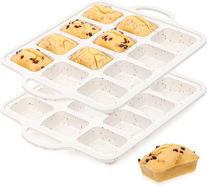 FUNBAKY Silicone Mini Loaf Pans with Metal Reinforced Frame,12-Cavity Nonstick Mini bread loaf pans for Baking Cornbread,Bread,Brownie,Cheesecake -2Pcs