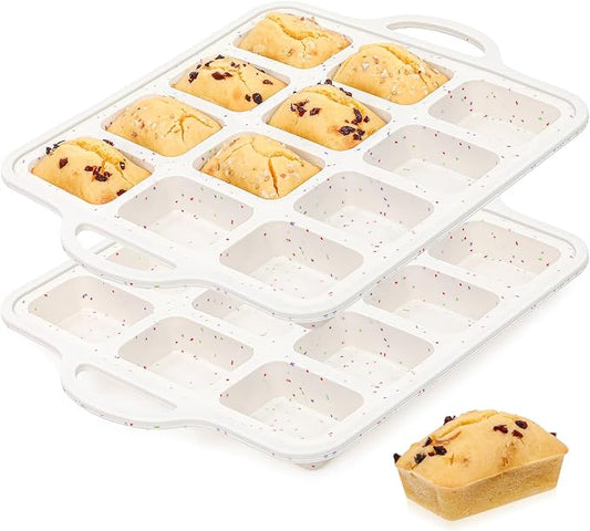 FUNBAKY Silicone Mini Loaf Pans with Metal Reinforced Frame,12-Cavity Nonstick Mini bread loaf pans for Baking Cornbread,Bread,Brownie,Cheesecake -2Pcs