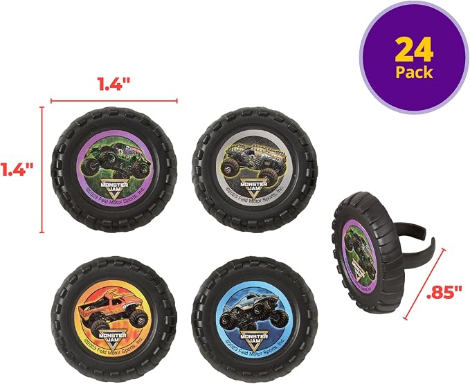 Monster Jam Rings, 24 Monster Truck Cupcake Toppers, Bright Colorful Truck Tire Cupcake Decorations, Food Safe - 24 Pack