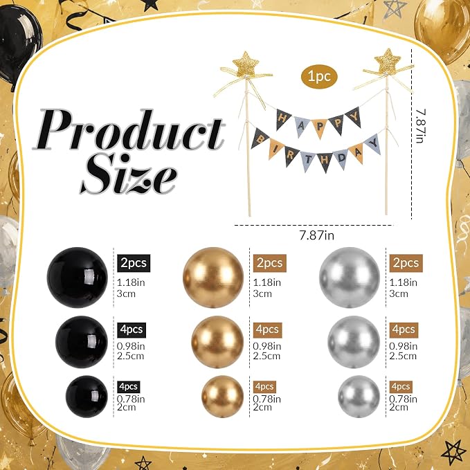16 Pcs Happy Birthday Cake Topper Cake Bunting Topper Banner with Wood Pole Rainbow Garland with Bow Ribbon Balloon, Mini Cupcake Decor for Birthday Baby Shower (Gold,Silver,Black)