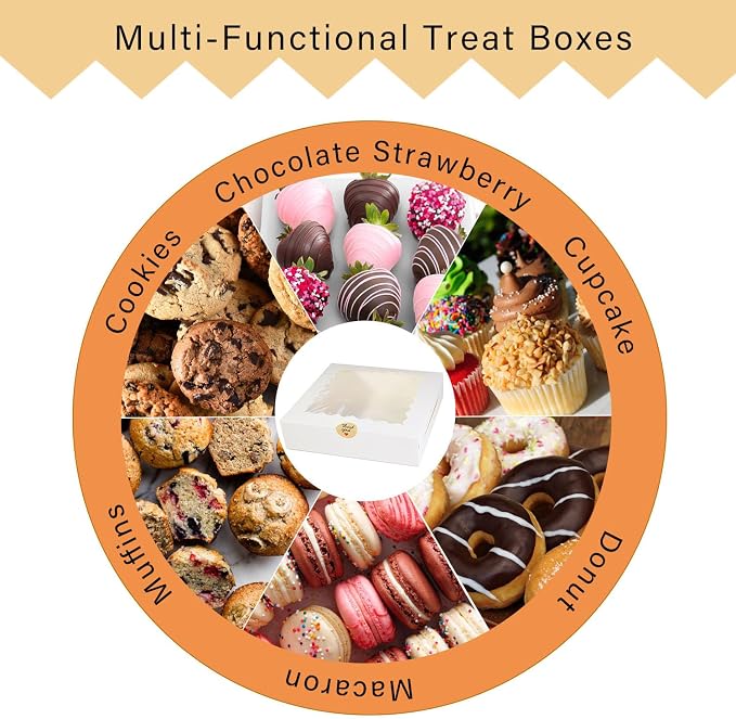 50pcs Cookie Boxes 9x9x2.5 Inches White Bakery Box with Window,Professional Pastry and Macaron, Packaging Container, Display Gift Box (50, WHITE, 9 * 9 * 2.5inch)