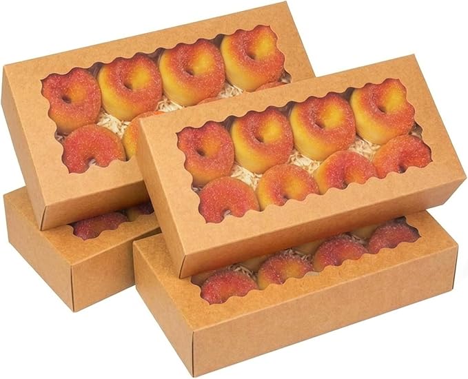 qiqee Auto-pop up Cookie Box with Window 12x5.5x2.5 Inch Brown 50Pcs Pastry Macaron Bakery Pie Box For Packaging