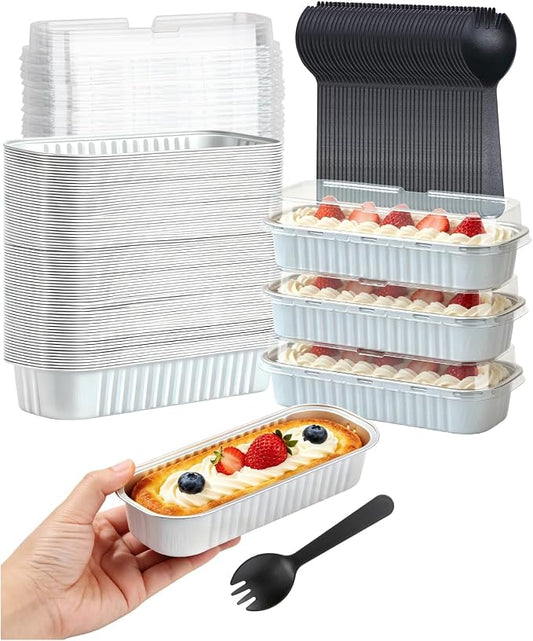 LNYZQUS Mini Cake Pans with Lids 100 Pack,Individual Foil Baking Tins,Disposable Mini Loaf Pans Small Cakes Tin Cupcake Containers for Bake Sale Wedding-White,6.8oz