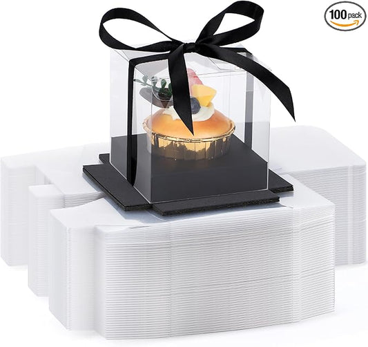 EUSOAR Black Cupcake Containers, 100pcs 3.5 Inch Individual Cupcake Wrappers Cupcake Holder, Single Display Plastic Cupcake Carrier with Ribbon and Inserts for Wedding Birthday Party Favor