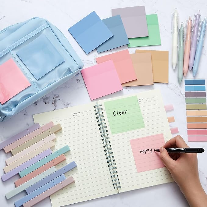 Jutom 39 Pcs Aesthetic Book Annotation Kit Highlighter with Case Bag Gel Pen Transparent Sticky Note Taking Bible Supplies(Blue,Kawaii Style)