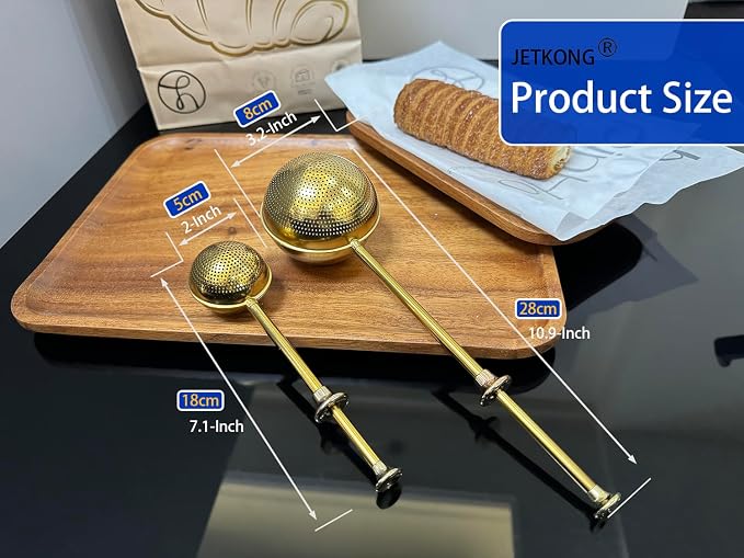 JETKONG 2 Pcs Flour Sifter, Stainless Steel Flour Duster for Bread Baking, Bakers Dusting Wand for Powdered Sugar and Spices (Small+Large, Gold)