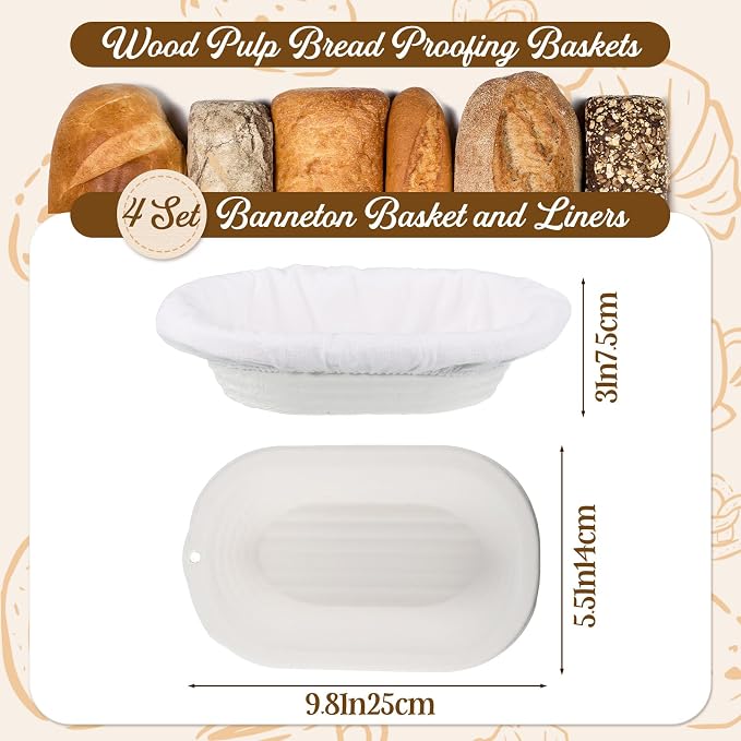 Baderke 4 Pack Banneton Bread Proofing Basket Set 10 Inch Wood Pulp Sourdough Proofing Basket Non Stick Sourdough Banneton Bowl and Liners for Bread Baking Supplies(White,Oval)