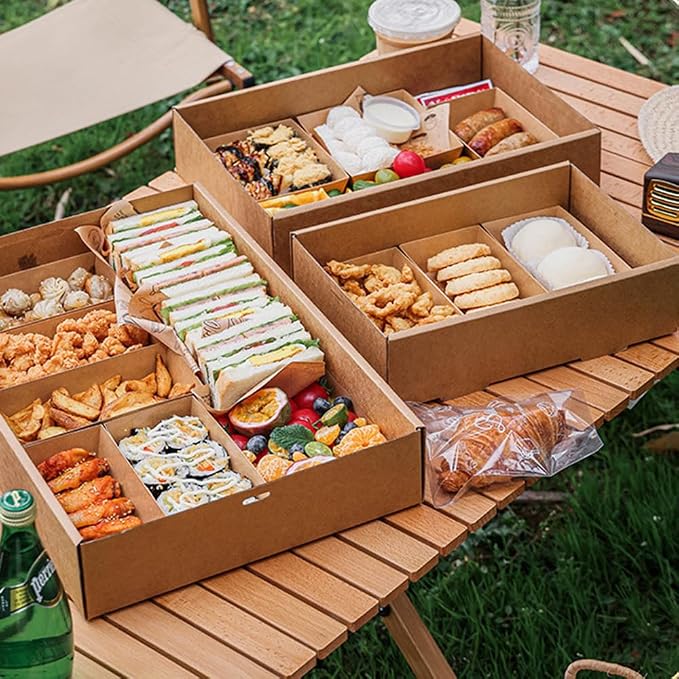 yarlung Set of 10 Kraft Bakery Box with Clear Window Lid, 14"x10"x3" Foldable Brown Paperboard Food Wrapping Tray with Greaseproof Paper for Cookies, Donuts, Pies, Picnic, Gift Packaging Ribbon