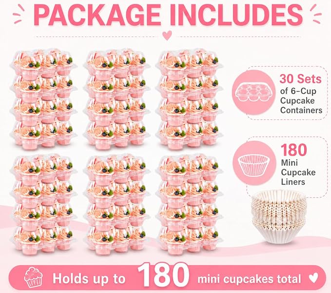 Cupcake Containers Holder - 6 Counts x 30 Sets Stackable Cupcake Boxes Carrier with 200 Pack Liners, Plastic Disposable Clear Cupcake Storage Tray with Detachable Dome Lid for Mini Individual Cake