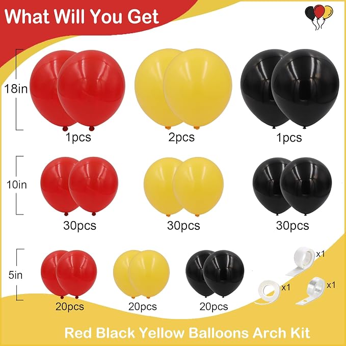 Red Yellow Black Balloons Garland Arch Kit, 154pcs Mouse Birthday Party Decorations with Different Sizes Latex Balloons for Baby Shower Wedding Graduation Cartoon Game Theme Party Decorations