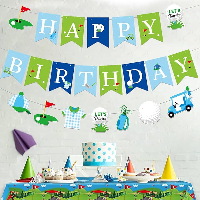 Zwiebeco Blue Green Golf Happy Birthday Banner Bunting Garland Hanging Paper Party Decorations for Boys Girls Mens Womens Adults Golf Sports Themed Bday Decor Accessories Supplies