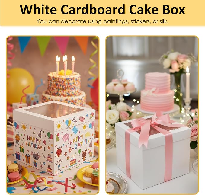 Moretoes 3 Pack Cake Boxes 12 Inch with Boards, 12x12x10 Inches White Cake Carrier Bakery Containers, Disposable Bakery Boxes for Valentine's Day Mother's Day for Cake Cupcake Cookie Pie Pastry