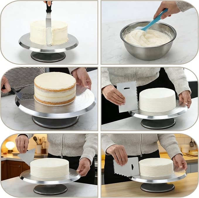 12 Inch Rotating Cake Stand, Aluminium Revolving Cake Turntable Cake Decorating Kit Supplies with Cake Icing Spatula, Cake Slicer, Silicone Spatula, Scraper s (7pcs)