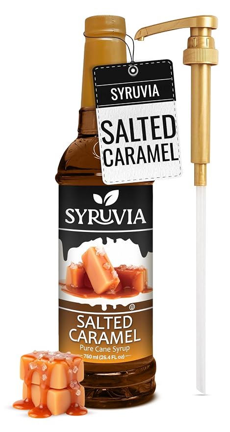 Syruvia Coffee Syrup, Salted Caramel Flavored Syrup for Drinks, Lattes, and Desserts – 25.4 fl oz - with Pump