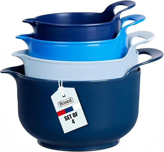 BoxedHome 4 Pack Nesting Mixing Bowls with Pour Spout and Handle, Plastic Large Mixing bowl BPA free Microwave & Dishwasher Safe(Blue, 4 Pack with Handle)