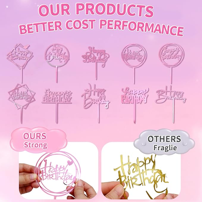 10-Pack Happy Birthday Cake Toppers,Gold Cake Toppers Acrylic Birthday Cake Supplies,4inchx6inch (Gold) (Rose Gold)