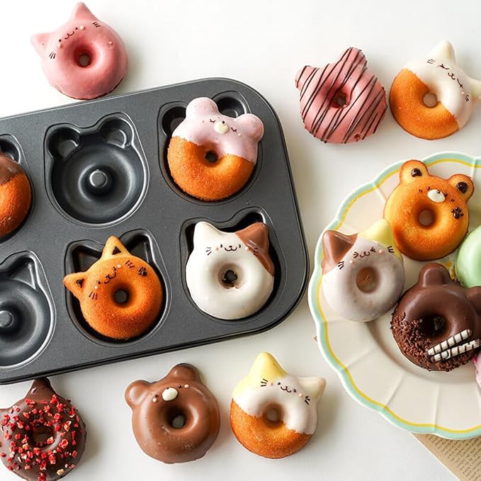 2 Pack Donut Pans, 2 1/2" Non-Stick Cat & Bear-Shaped Donut Mold Cake Pan, 6 Cup Carbon Steel Doughnut Pan for Home Baking