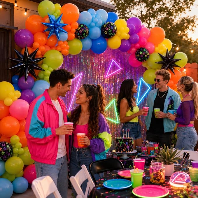 Neon Balloon Arch Kit, 122Pcs Bright Orange Green Blue Hot Pink Yellow Purple Black Rainbow Balloons with Foil Star Balloons for 80s 90s Neon Party Rainbow Birthday Decorations Disco Party Backdrop
