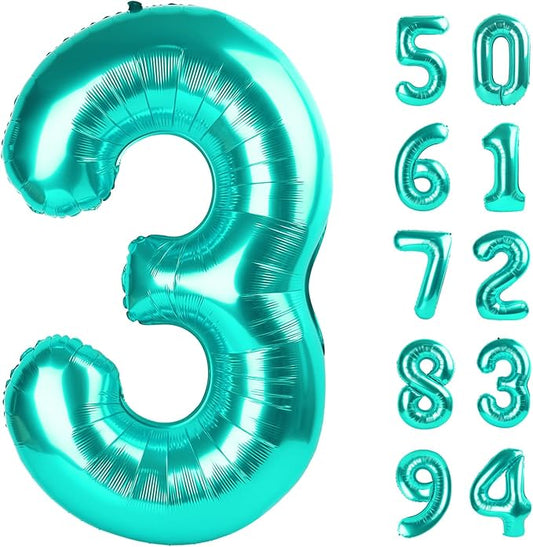 Teal Blue 3 Balloon, Number Balloons 40 Inch, 3rd Birthday Decorations for Kids Girls Women Party Supplies for Party Decorations, Number 3 Balloon