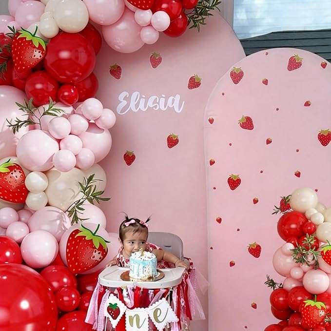 Strawberry Balloons Arch Garland Kit, 124Pcs Red and Pink Balloons with Strawberry Card for Sweet One Berry First Birthday Baby Shower Decorations
