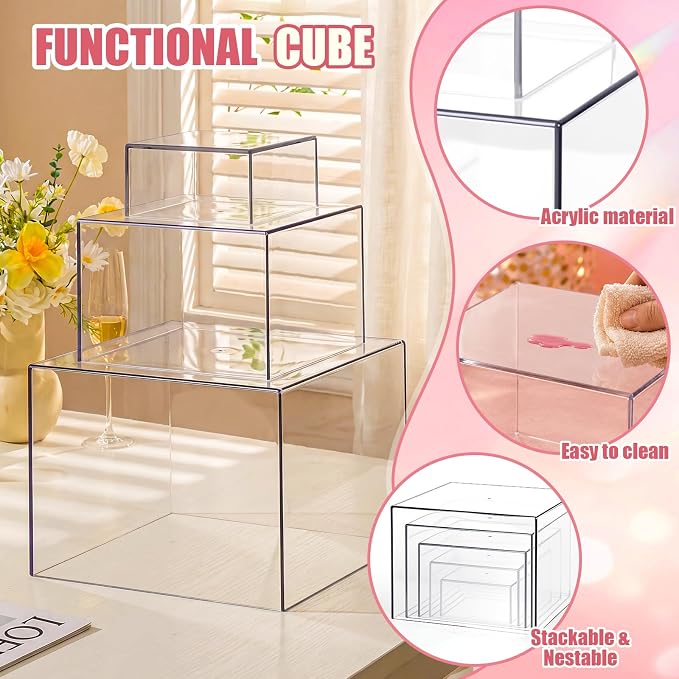 6 Pcs Acrylic Buffet Risers, Clear Stackable Food Display Stand, Nesting Cube Box with Hollow Bottom, Food Risers for Buffet Table Dessert Jewelry Catering(8'' 7'' 6'' 5'' 4'' 4'')