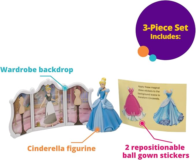 DecoSet® Disney Princess Cinderella Transforms Cake Topper, 4-Piece Birthday Cake Decorations Set with Figurine and Dress Stickers