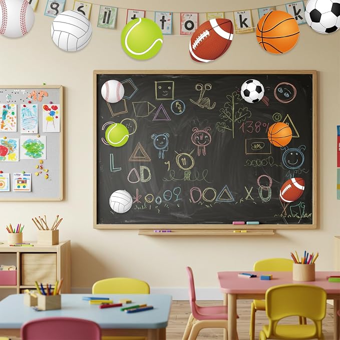 Vuzvuv 60Pcs 6In Paper Sports Ball Cut-Outs Basketball Football Volleyball Tennis Soccer Baseball Cutouts with 120Pcs Adhesive Sheets,Ball Cut Outs Bulletin Board Decorations for Wall