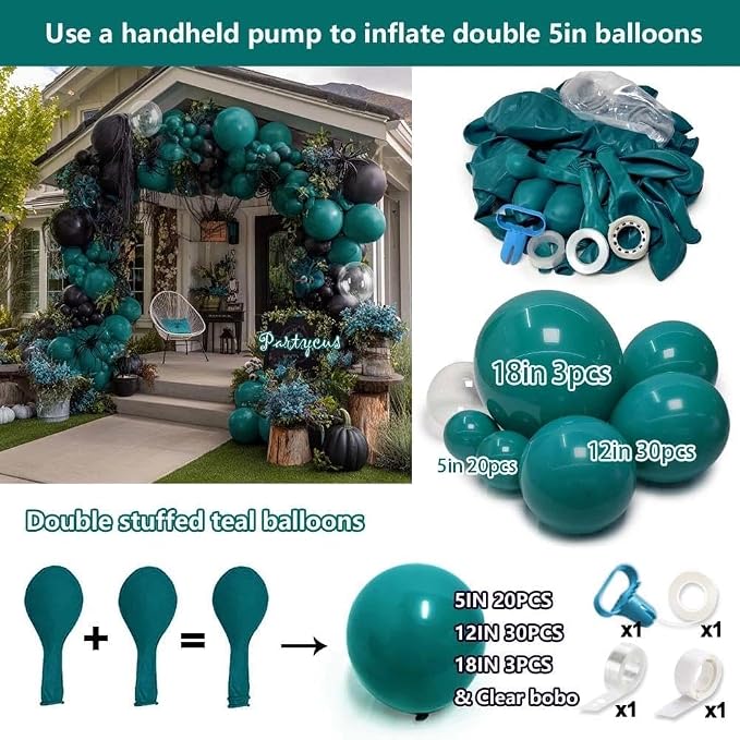 Teal Balloon Garland Arch Kit Double Stuffed, Dark Turquoise Teal-Green Aqua Balloon Different Sizes 18/12/5 Inch for Baby Shower Birthday Wedding Bridal Summer New Year Party Decoration