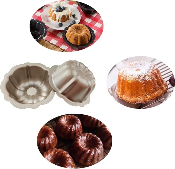 4 Inch Nonstick Mini Fluted Cake Pan, Metal Tube Baking Mold | Set of 4 Carbon Steel Pumpkin Shaped Bakeware for Cupcake, Muffin, Brownie, Pudding - Gold