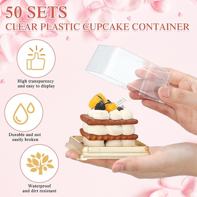 Honeydak Clear Cake Containers with Lids Wedding Cake Pans Cupcake Container Muffins Box Cocktail Picks Appetizer Thanks Tags Eucalyptus Leaves for Wedding Birthday Dessert Display(50 Sets)